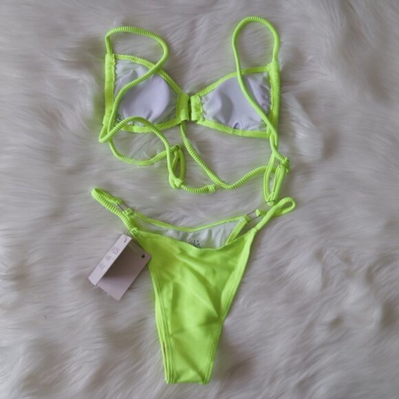 NEW Bright Neon Green Sexy Tiny Ribbed Bikini Swim Set Size Large - Picture 7 of 9